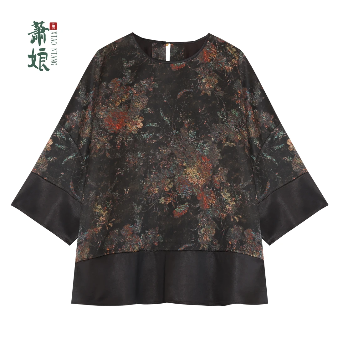 萧娘【伏山】前喷印花缎香云纱新中式短外套桑蚕丝国风女上衣2431