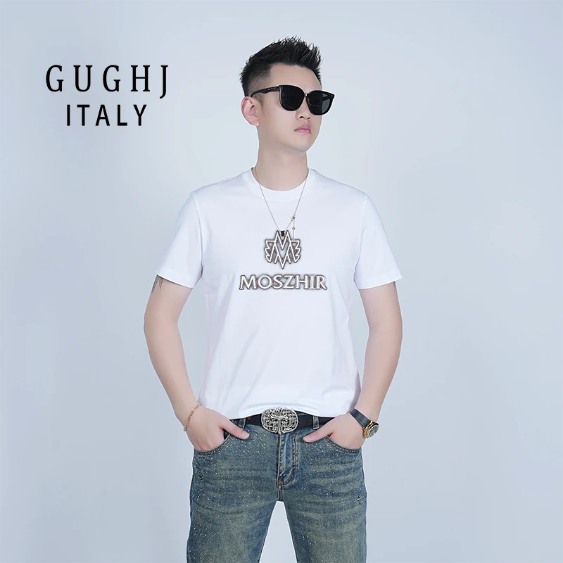 2025夏季新款潮牌修身圆领t恤男士时尚休闲百搭潮流字母印花半袖