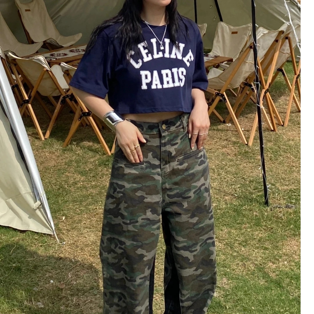 全新未使用 Celine/思琳 印花棉质平纹针织短款短袖T恤 海军蓝/S