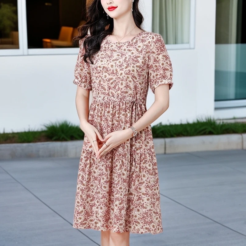 新款高级真丝连衣裙女时尚双绉桑蚕丝短袖收腰甜美漂亮裙子夏季
