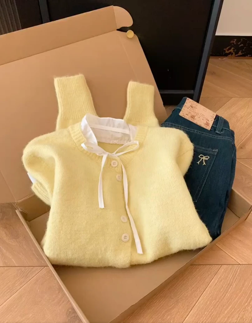 韩版洋气美德拉秋冬百搭甜美风假两件蝴蝶结针织开衫毛衣外套ins