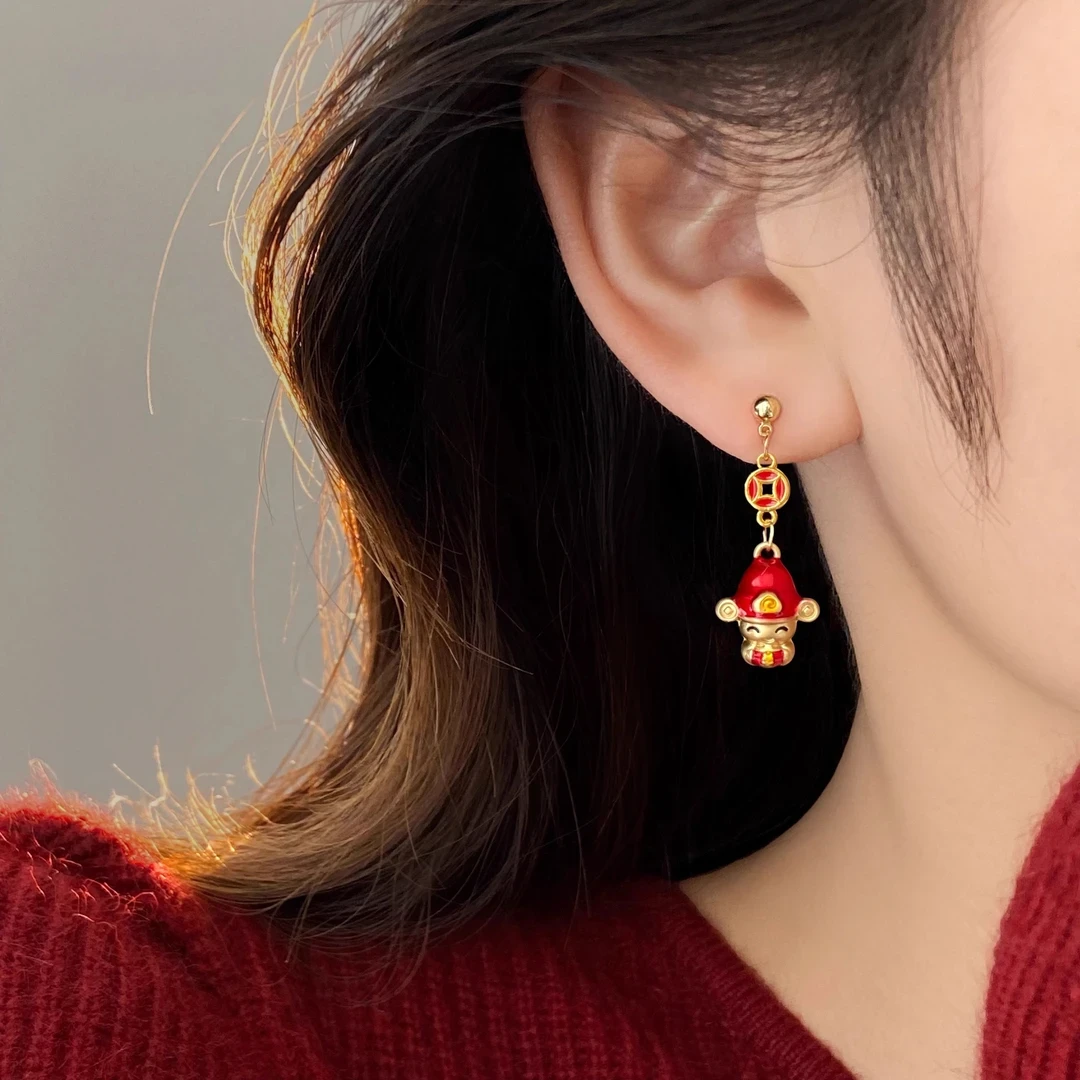 铜合金耳饰 财神新年过年喜庆红色耳环女适合冬天的耳饰时尚耳钉