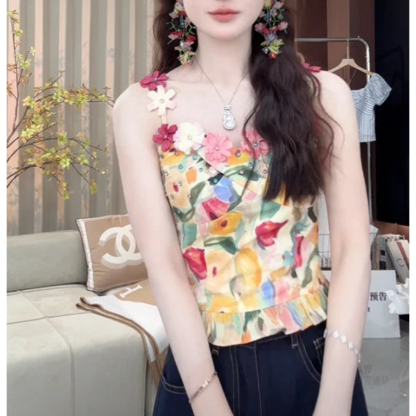 花野迷踪 夏季法式通勤显瘦油画重工钉钻花朵上衣无袖吊带外穿