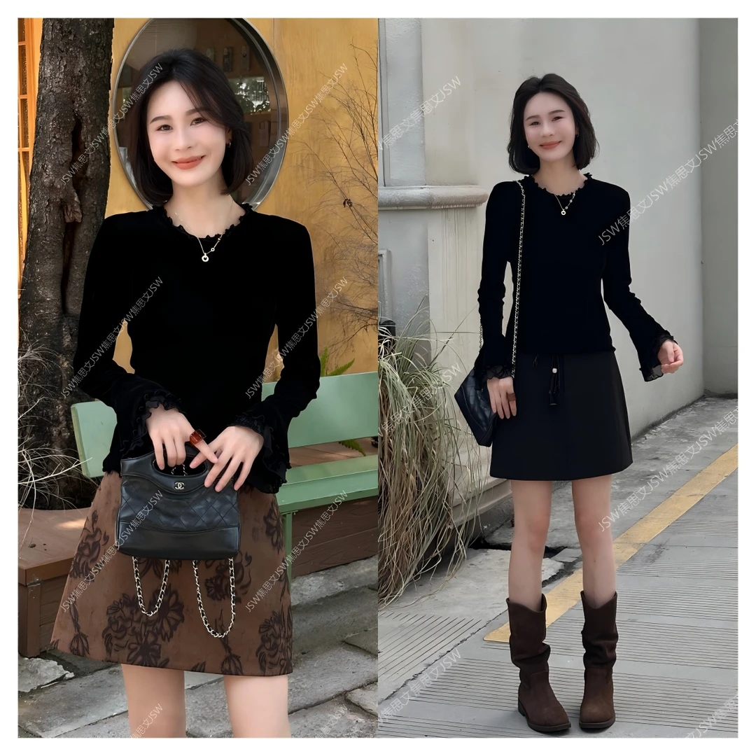年终大促 秋季时尚洋气显瘦百搭拼接蕾丝袖口丝绒上衣250902Y2