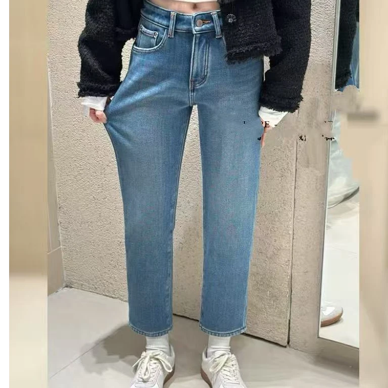 SU【095】代98  愫洒 复合绒冬季新款加绒加厚高腰显瘦烟管裤牛仔裤