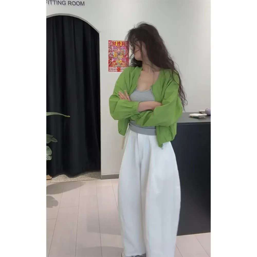 独特漂亮初夏小香风休闲绿色薄款防晒外套白色阔腿裤套装女小个子