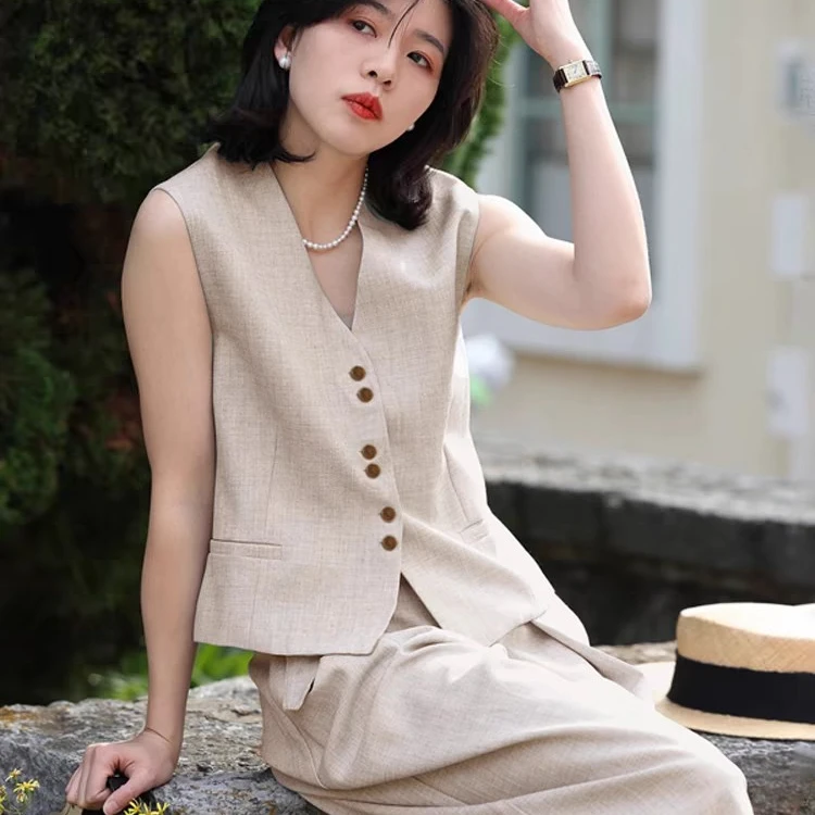 老钱风百搭休闲风时尚套装宽松上衣无袖西装套装夏季时尚短袖