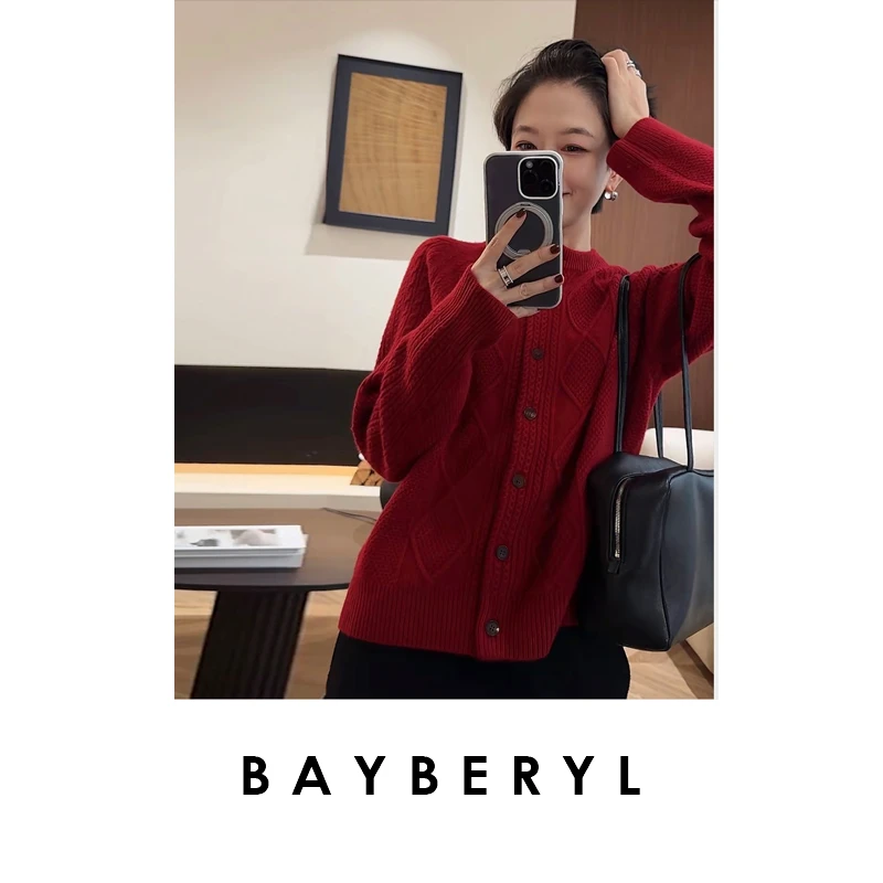 BAYBERYL老贝热颂毛衣*菱形立体绞花羊绒针织开衫ZZS5F1807