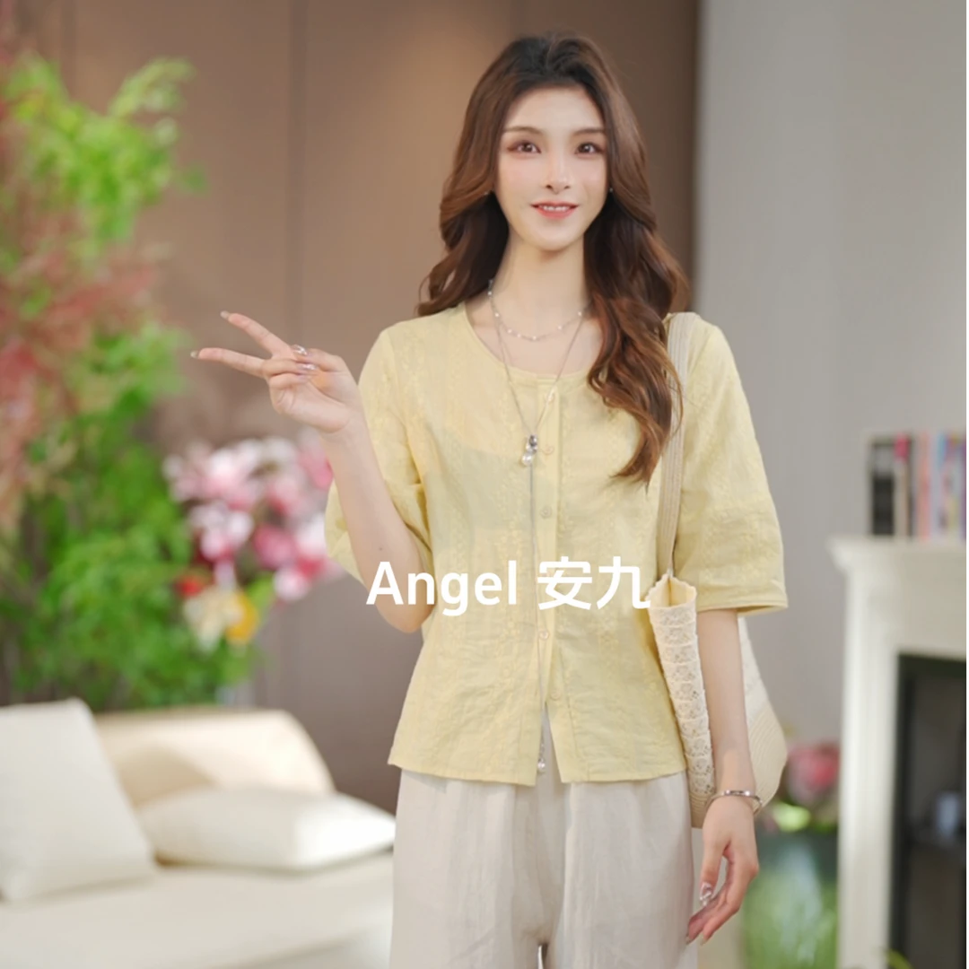 莫奈花园【ANGEL专属】2025夏法式圆领套装全棉短袖上衣2591