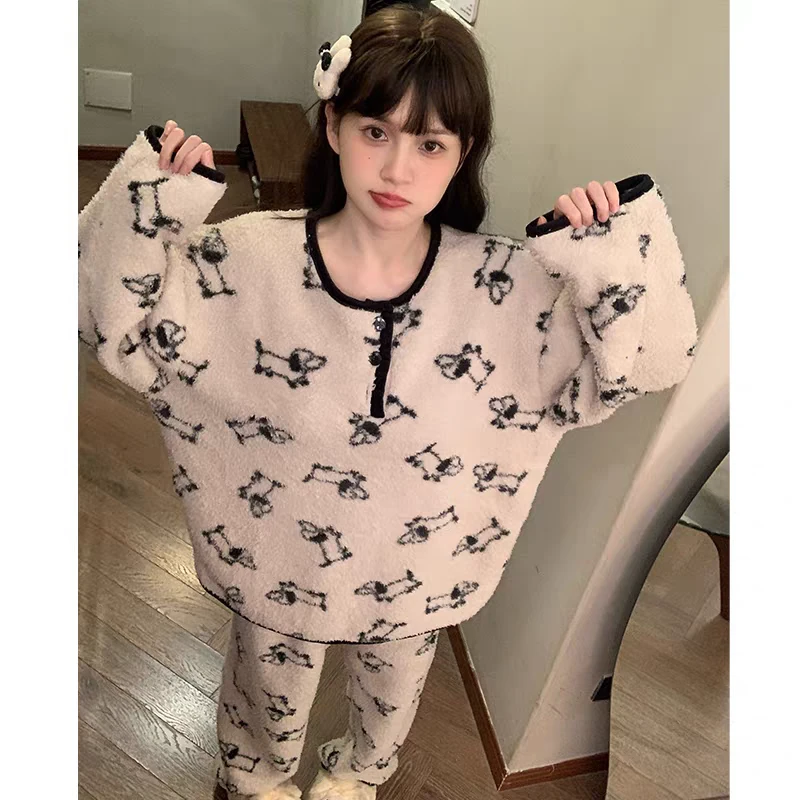 睡衣秋冬季开衫甜美加厚保暖半边绒家居服小狗浅咖套装