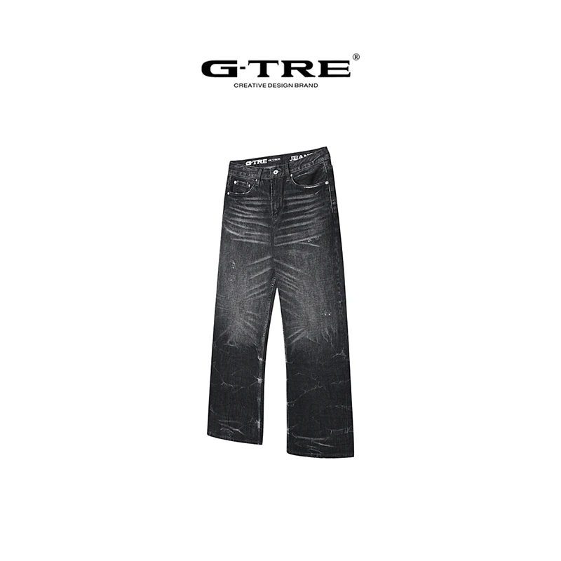G-TRE25AW烟重黑闪电纹扎花水洗做旧松直筒牛仔裤