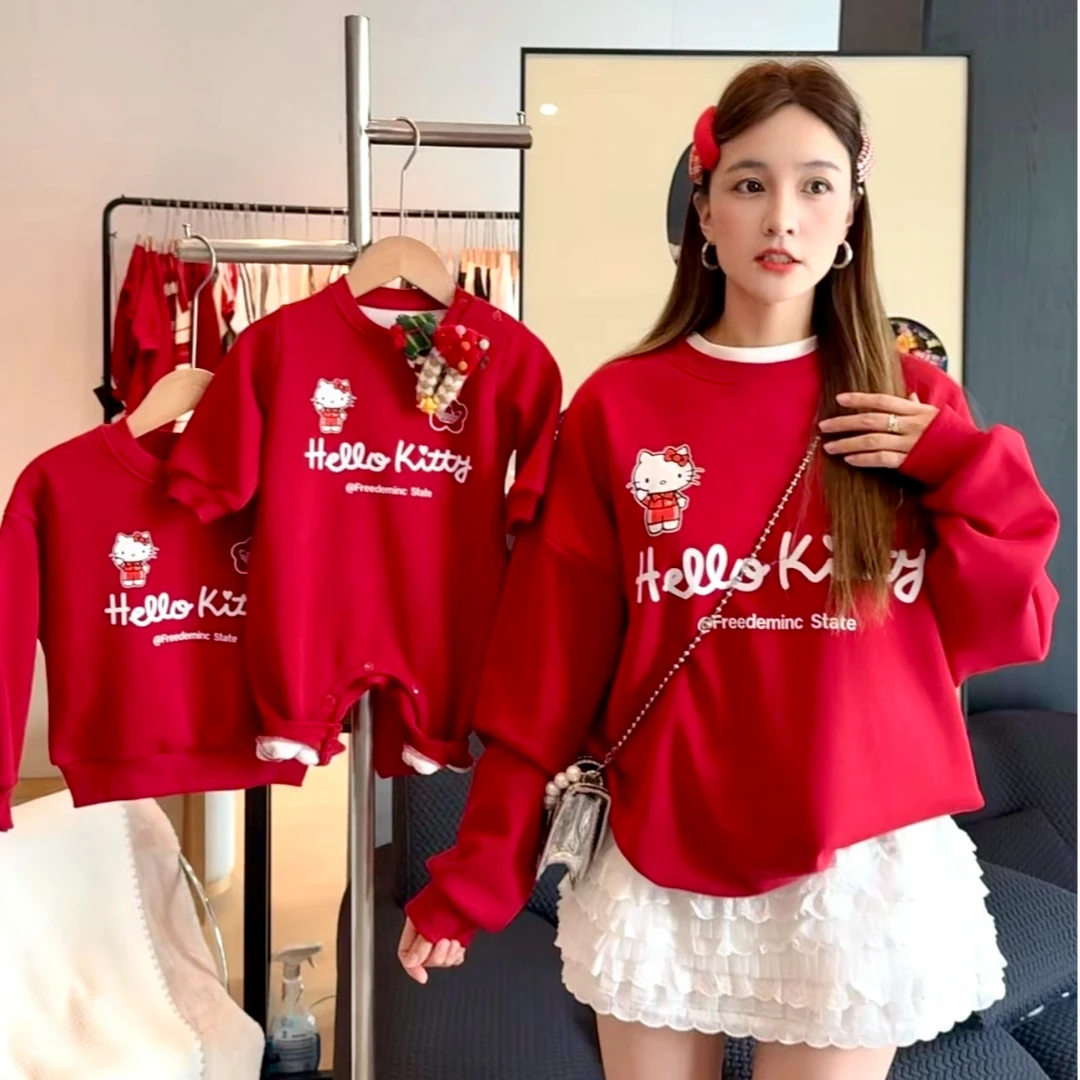 [KT猫]一家三口亲子装红色网红宽松卫衣婴儿爬服连体衣加绒