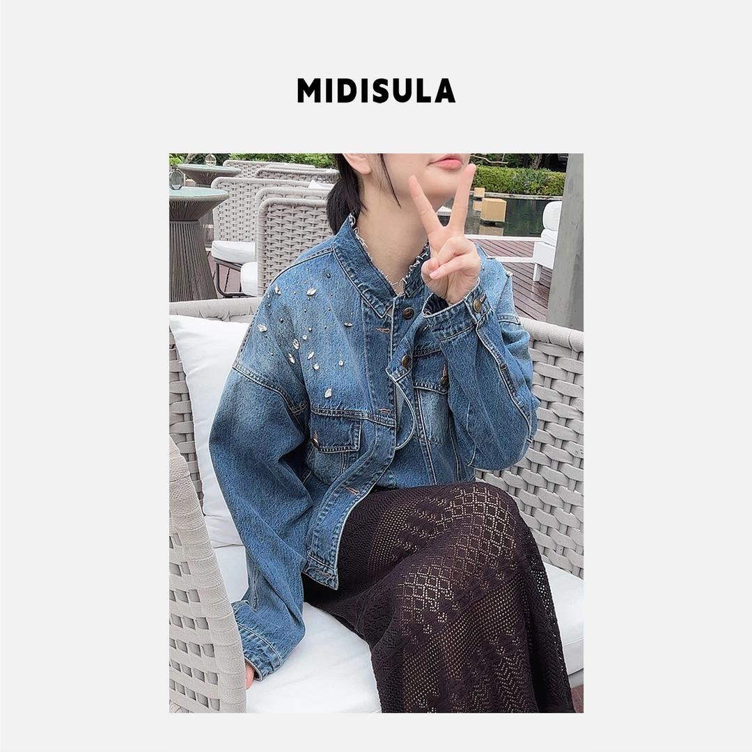 【H.MDSL】早春款重手工钉珠烫钻立领洋气宽松水洗牛仔外套#0013