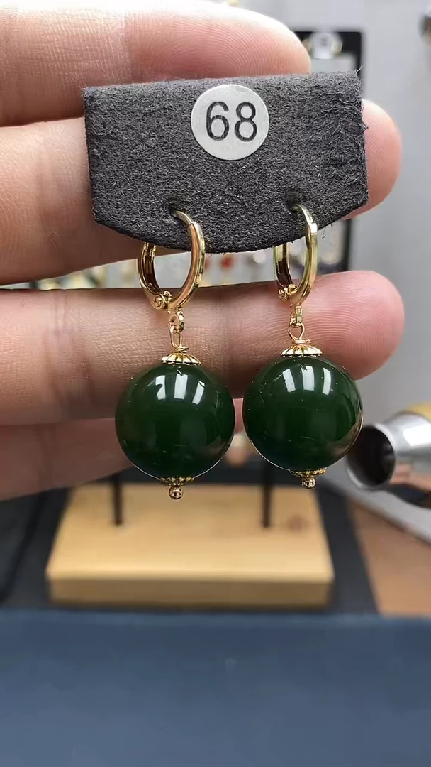 和田玉银S925镀金镶嵌耳饰尺寸16mm耳扣22