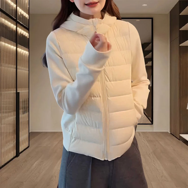 2025秋冬季百搭新款女士轻薄连帽棉服设计感修身拼接小个子短外套