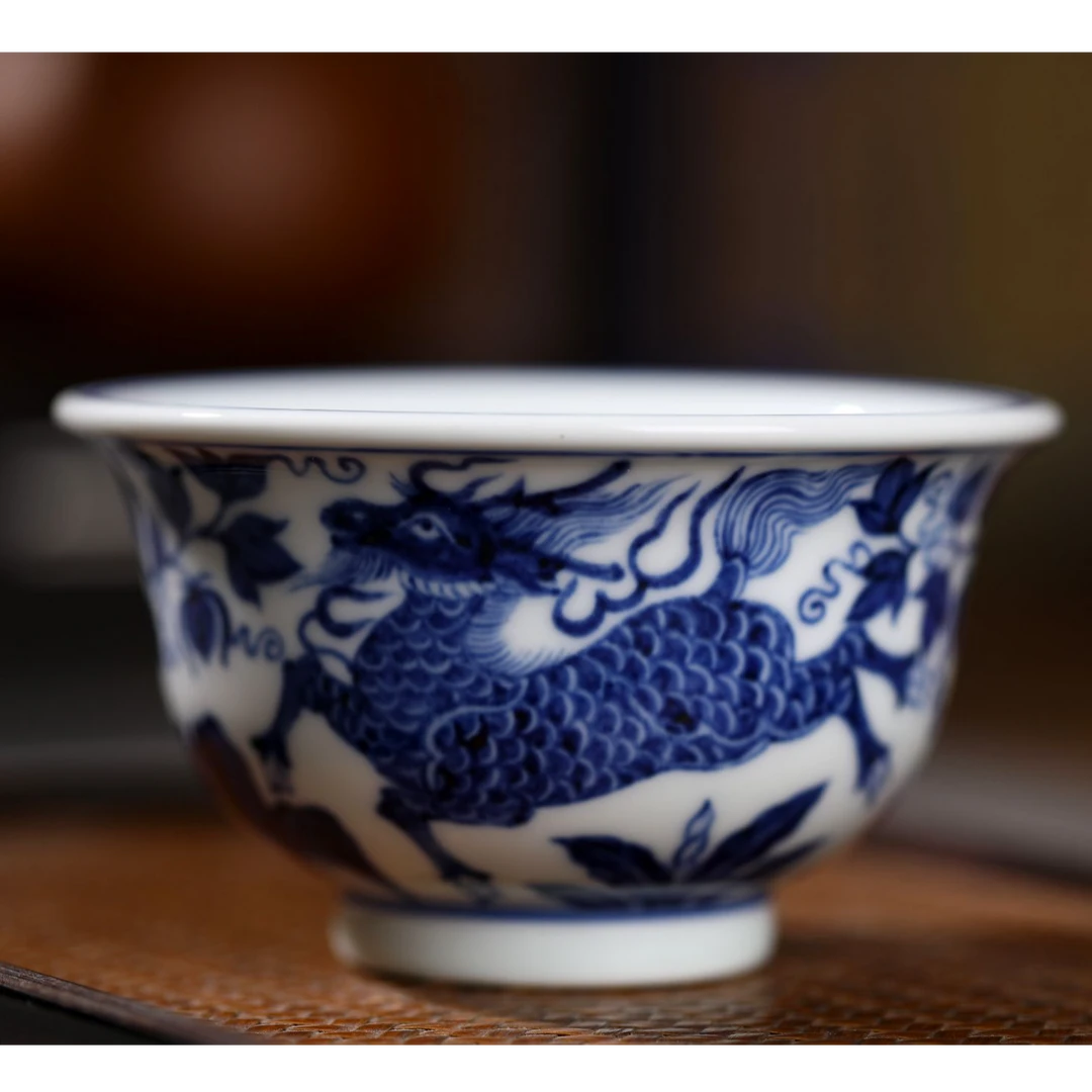 仿元手绘青花麒麟主人杯压手杯陶瓷手工茶杯