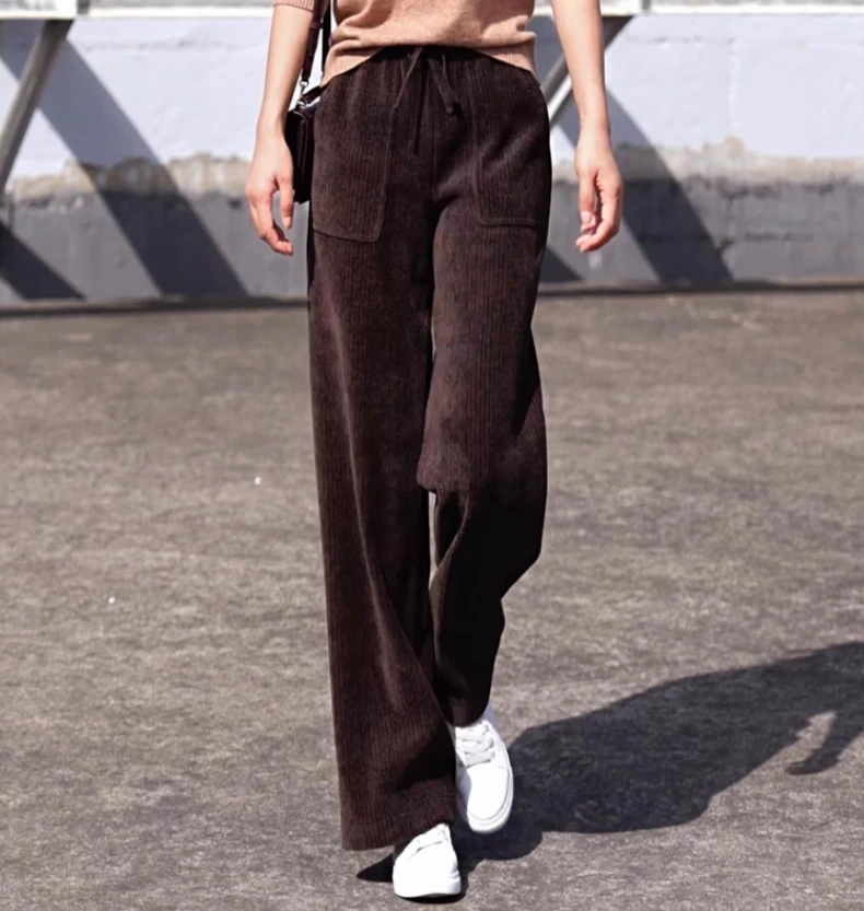 【商场正品】冬季新款松紧腰暗格纹雪尼尔直筒长裤女5100386