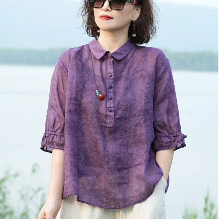 夏季气质时尚文艺翻领宽松型印花印染夏季常规中袖衬衫洋气小衫W