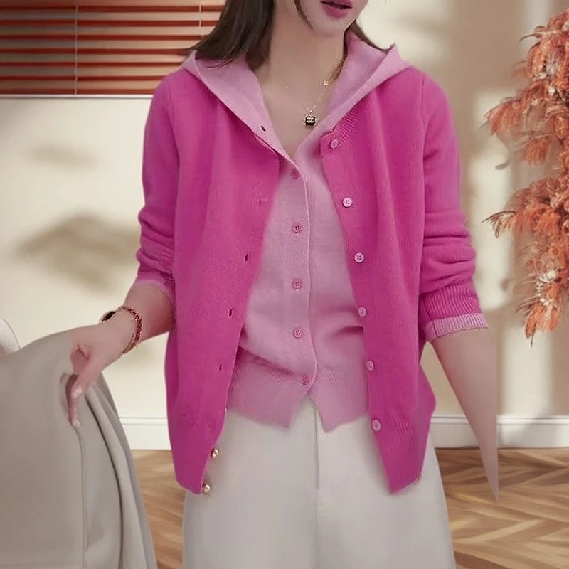 春秋新款假两件连帽开衫针织长袖粉色黄色刺绣甜美风拼接时尚休闲