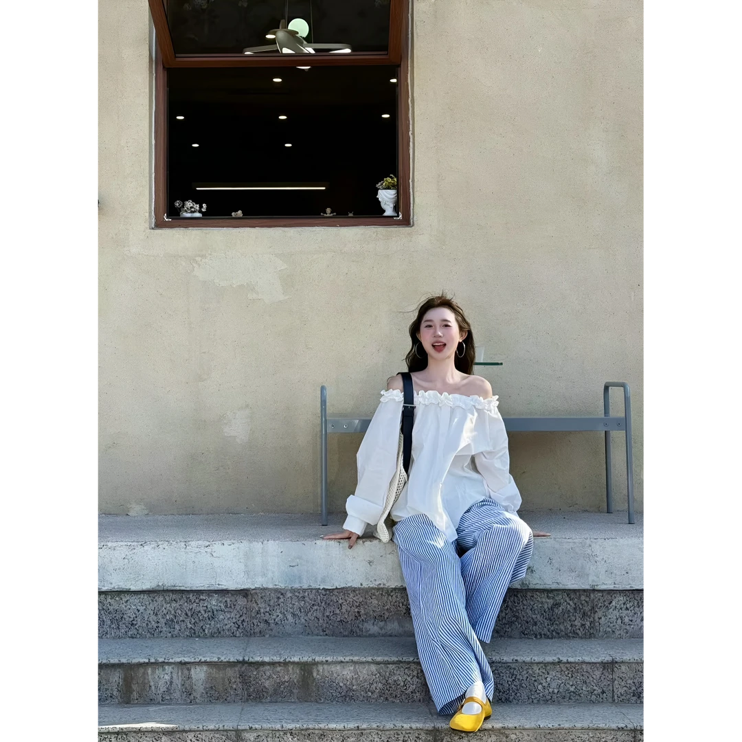 2025初春韩系一字领衬衫女设计感小众上衣慵懒休闲条纹阔腿裤套装