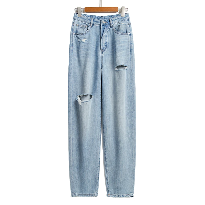 自媒体夏季薄款破洞牛仔裤直筒哈伦洋气时尚百搭2025新款女裤831