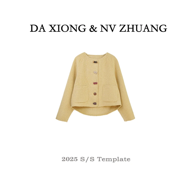 韩版春季短款羊毛小香风时尚百搭气质多彩扣设计师圆领羊毛大衣al