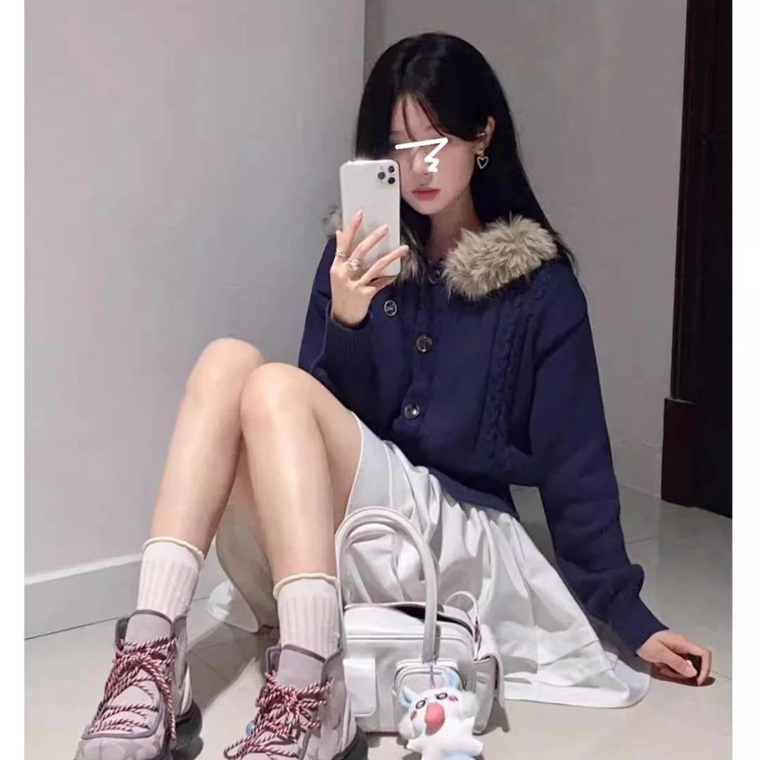 美式蓬松保暖毛毛领连帽针织开衫外套休闲百搭立体绞花显瘦毛衣女