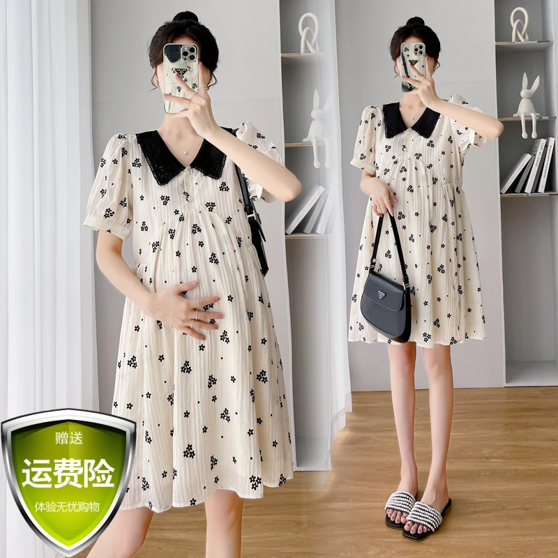 孕妇夏装连衣裙2025年时尚新款潮妈翻领宽松大码小个子碎花连衣裙
