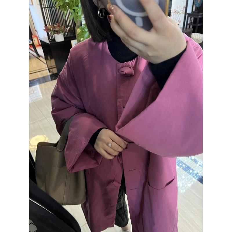 月月 围巾款圆领2024秋冬新款树莓红中长款棉衣外套女