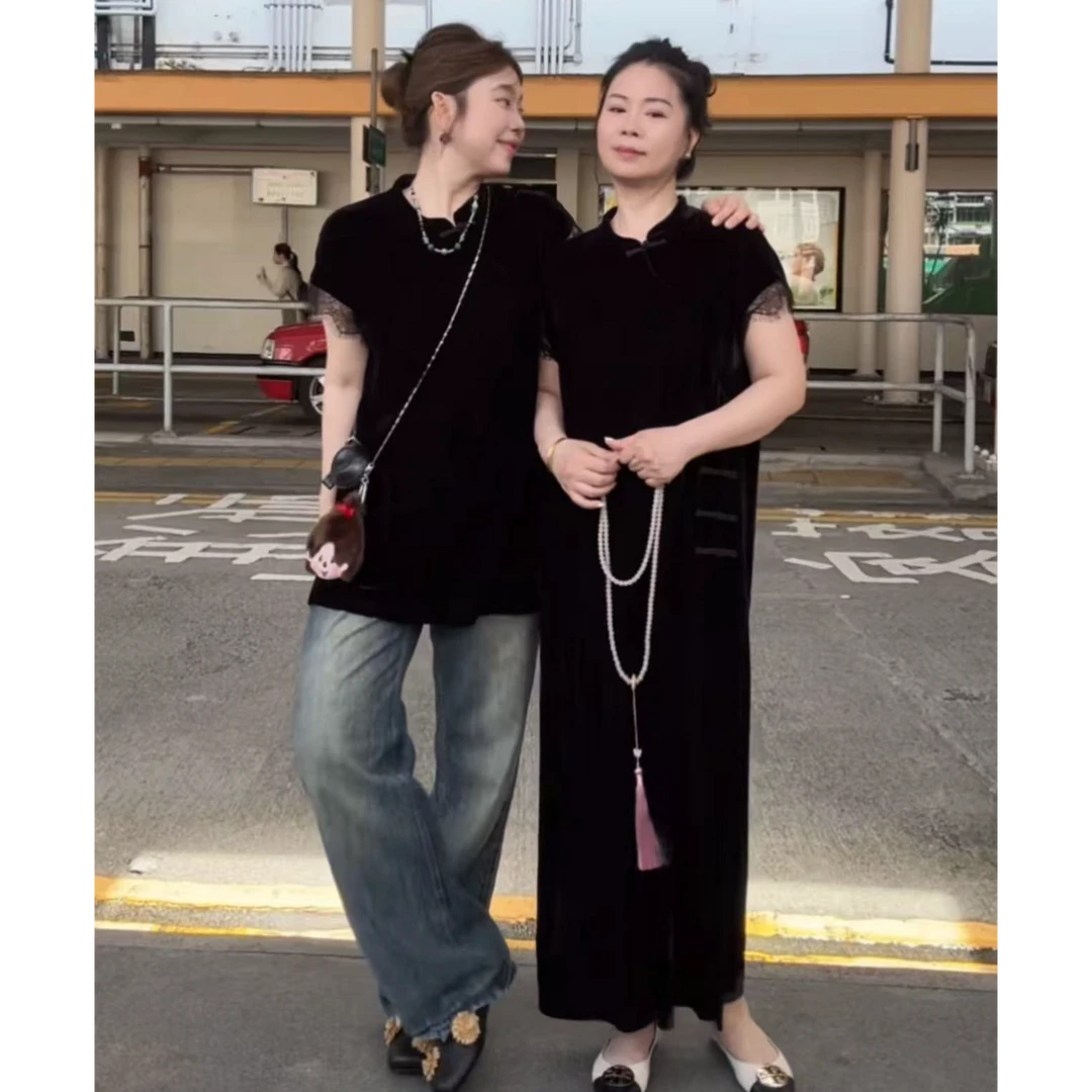 晶咕软软【黑天鹅】新中式国风盘扣复古气质丝绒上衣+丝绒连