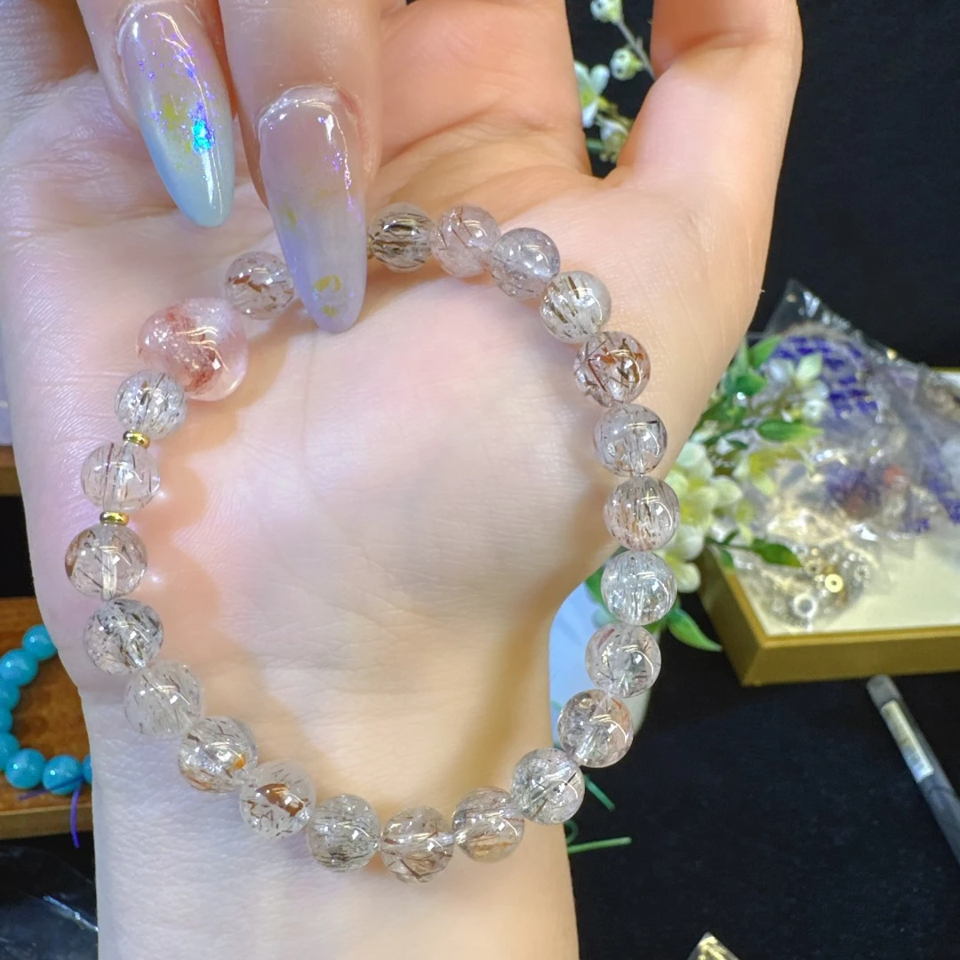 黑金超+红胶花爱心小天然水晶手链高品质手串