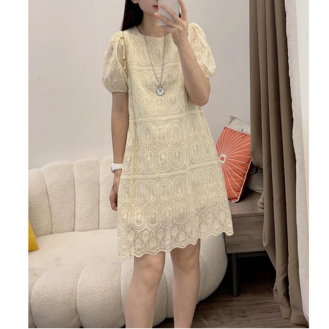 欧货蕾丝镂空小香风连衣裙配腰带女夏季小个子温柔娃娃裙DYY2880