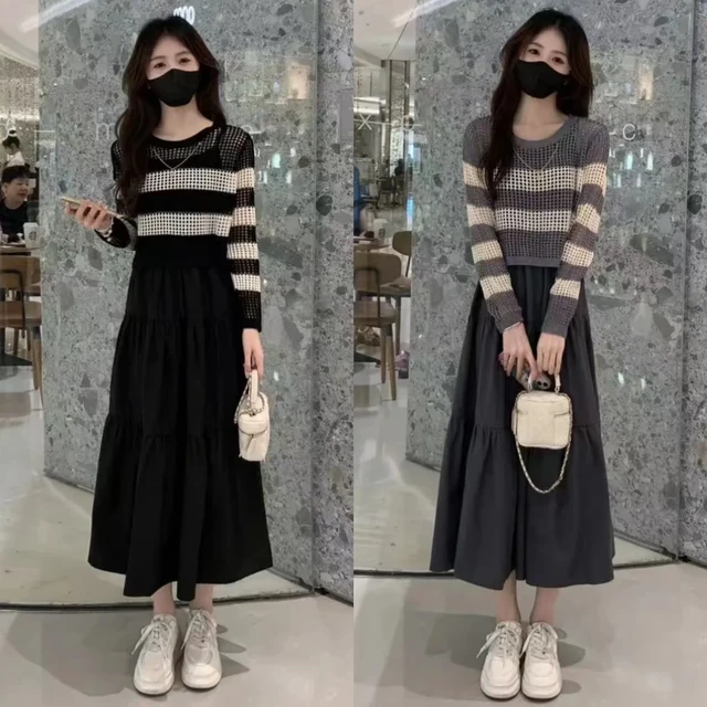 今年流行漂亮套装裙女春季2025新款镂空条纹针织衫吊带长裙两件套