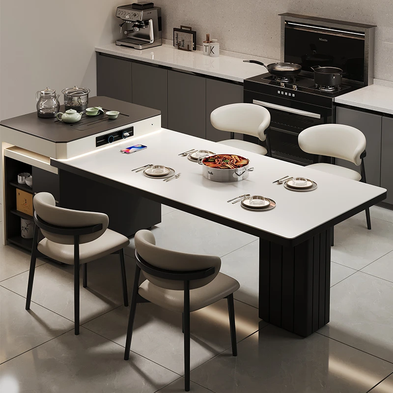 岩板岛台餐桌一体家用小户型伸缩多功能长方形实木吃饭餐厅桌子