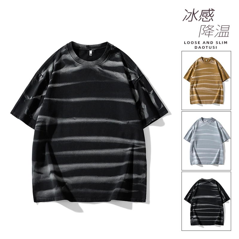 大码高街宽松落肩短袖男个性印花重工做旧水洗美式小众情侣t袖衫