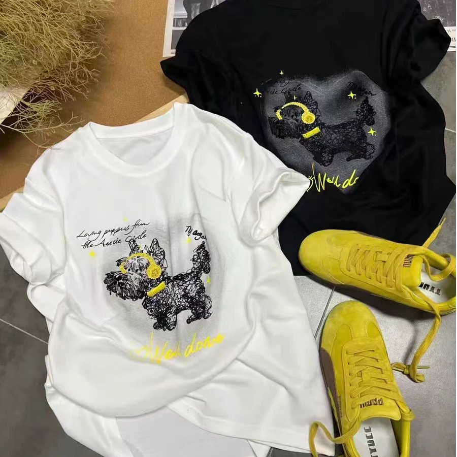 91959欧货卡通小狗刺绣印花短袖