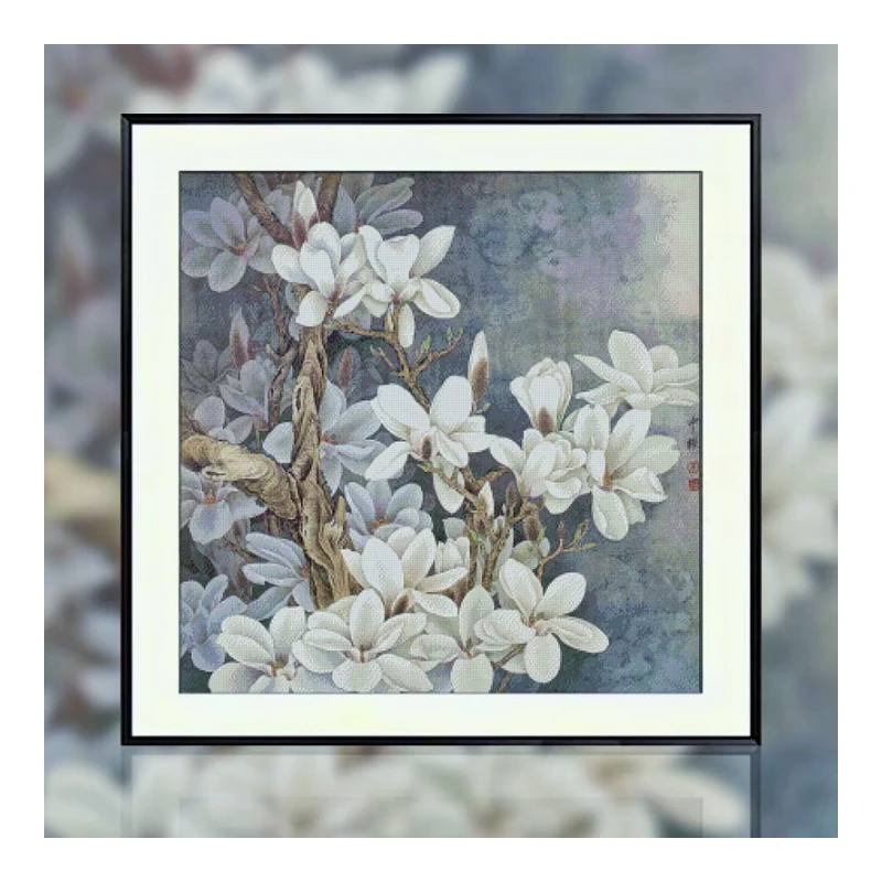 DMC十字绣-满绣客厅卧式餐厅简约现代花卉白玉兰花