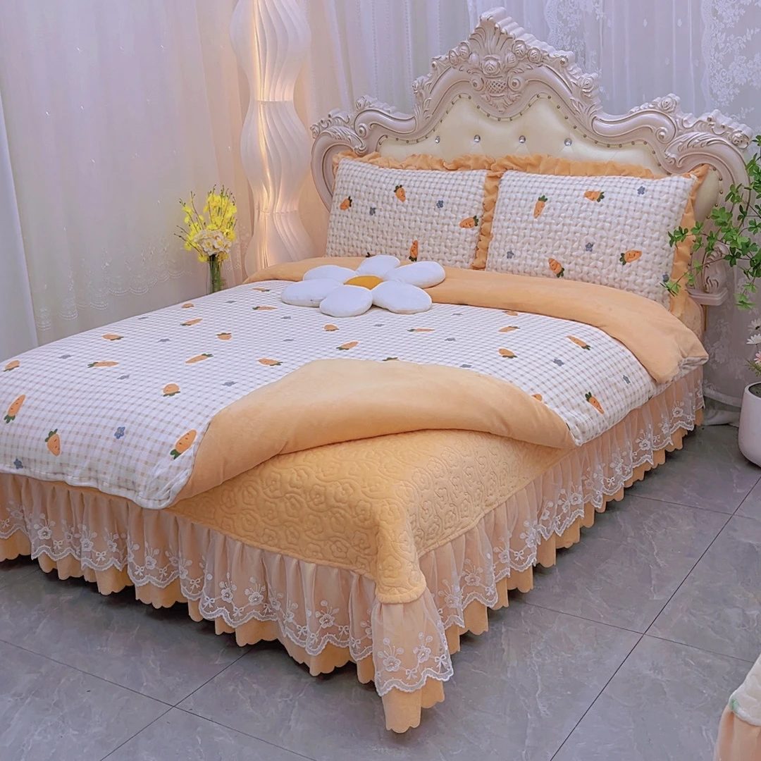 加厚高克重牛奶绒床盖四件套加密保暖夹棉床盖三件套防静电不跑床