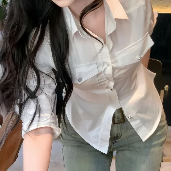 刘亦菲明星同款纯欲风气质翻领衬衫女修身收腰白色开衫上衣2025年