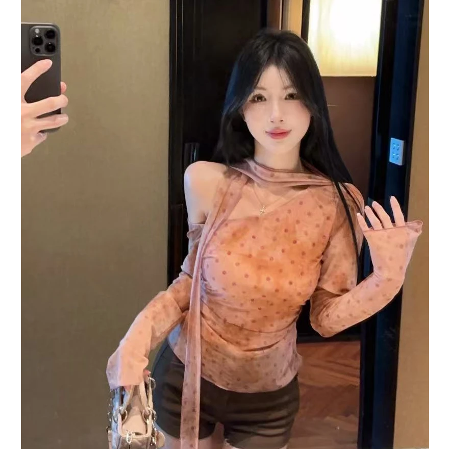 秋季薄感波点晕染渐变网纱斜肩系带长袖上衣Q 9553#