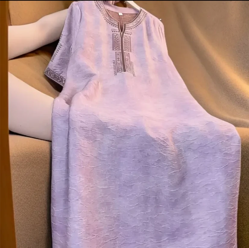 yifucai/伊芙彩新中式刺绣中长款夏装宽松显瘦气质彩龟连衣裙女裙