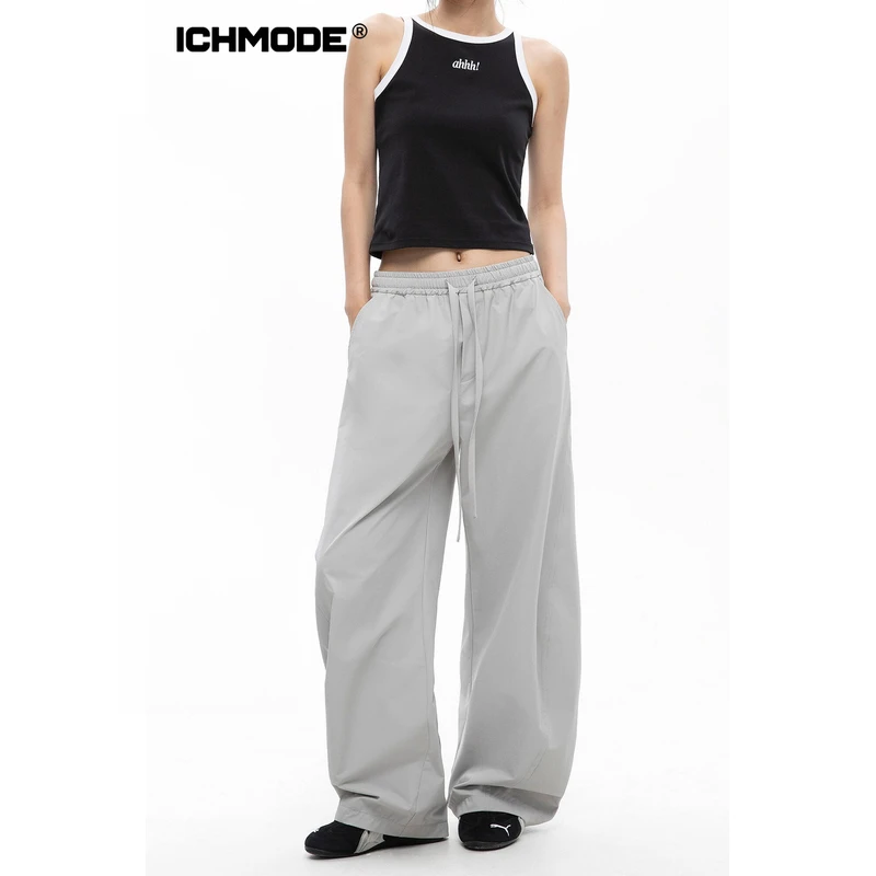 ICHMODE美式宽松直筒休闲裤女夏微喇裤运动蓝色纯欲慵懒风百搭