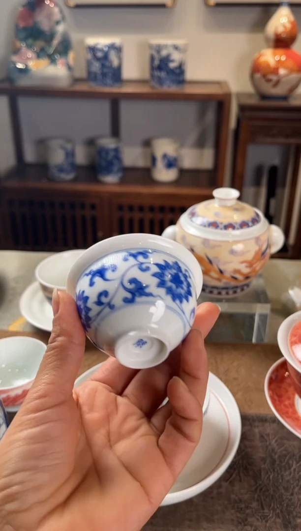 对**情景德镇文祥窑手工釉下彩陶瓷单杯