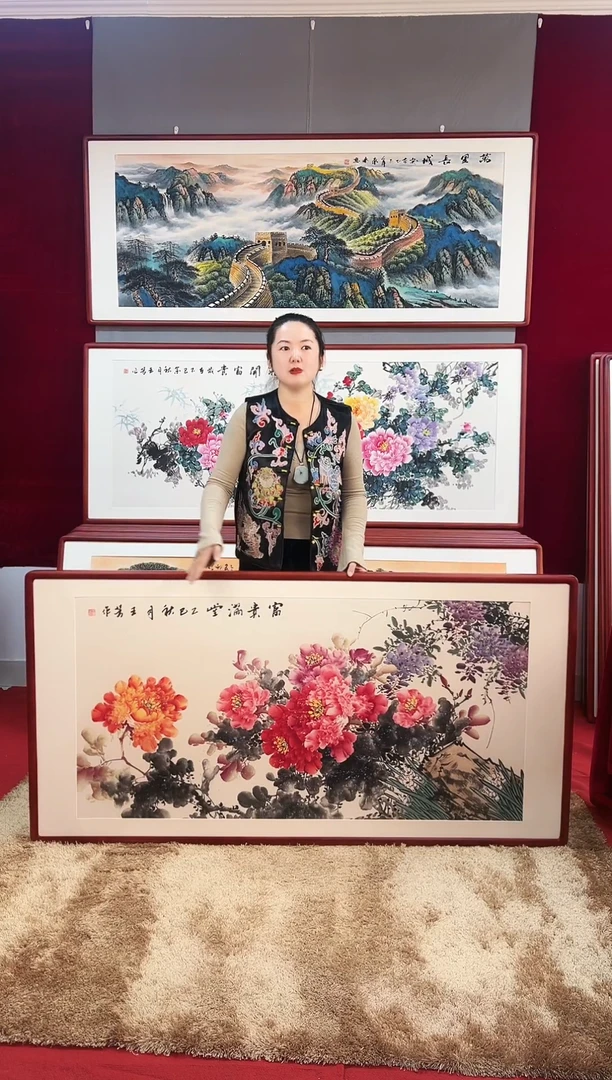 国画手绘牡丹163*83尺寸
