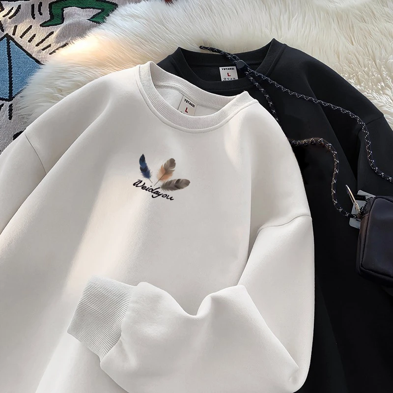 潮牌重磅圆领卫衣美式高街印花圆领卫衣男秋冬加绒卫衣男女上衣潮