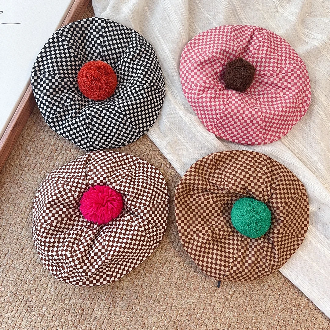 时髦宝宝格子毛球贝雷帽春秋四季洋气英伦风时尚单品儿童男女童帽