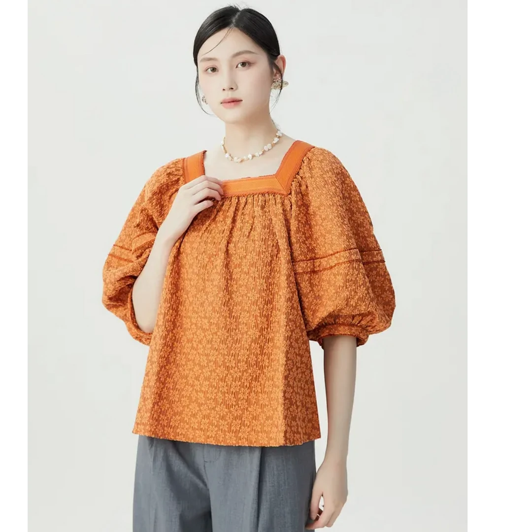 AMASS/阿玛施春夏新款复古条纹方领灯笼袖宫廷袖款冬衬衫5300627