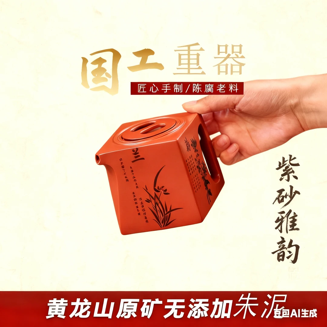 阳羡四方紫砂壶原矿朱泥手工刻绘梅兰竹菊家用小容量功夫茶具送礼