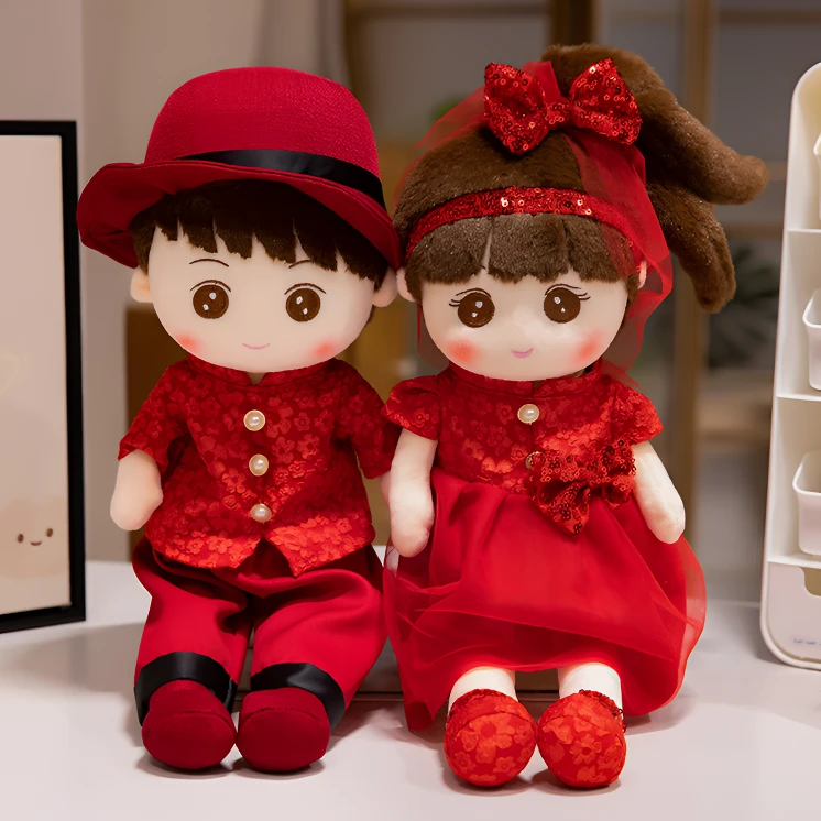 新婚喜庆压床娃娃结婚一对喜娃婚房婚床红色中式唐装毛绒公仔礼物