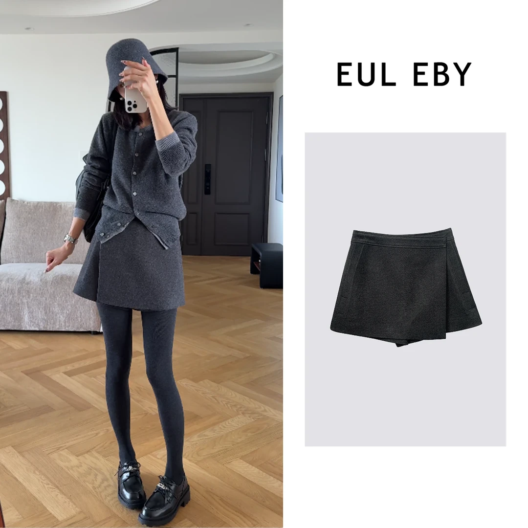 EUL EBYA字毛呢短裙裤裙不规则百褶毛呢半身裙秋冬新款241744